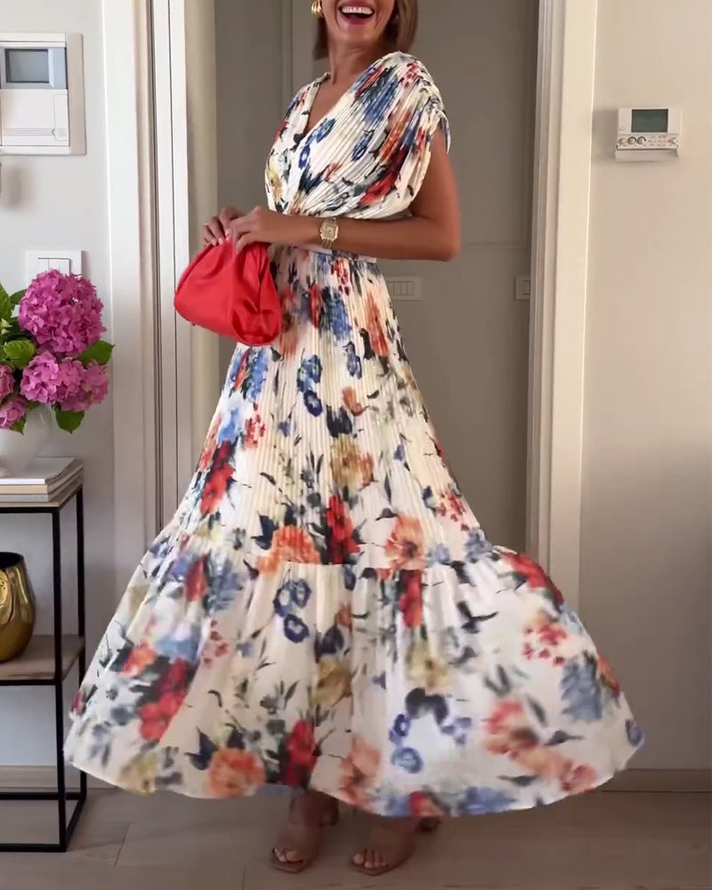 MAYA- Elegant floral print pleated dress