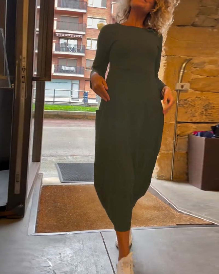 Tavina™ | Elegant Round Neck Pocket Dress