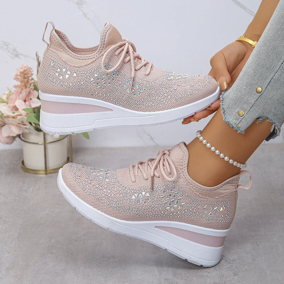 Women’s Rhinestone Wedge Sneakers Lace Up Fashion Casual Shoes