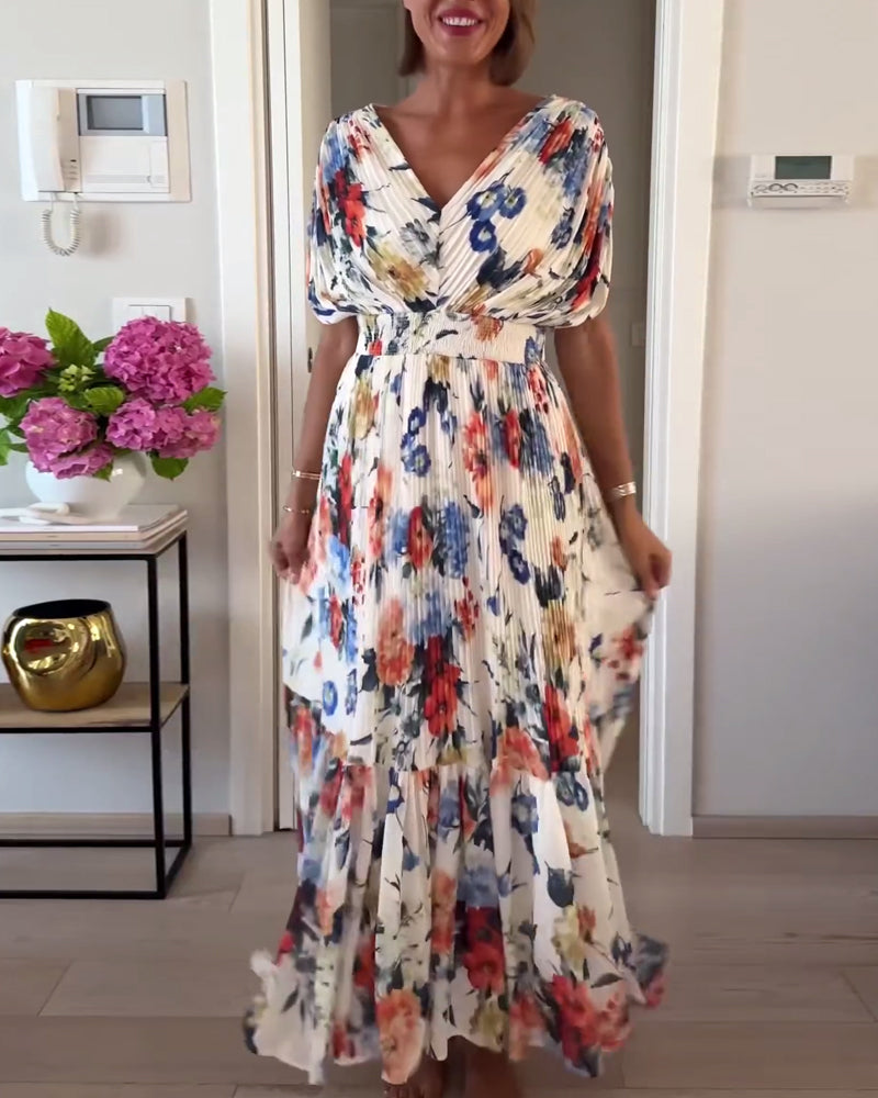 MAYA- Elegant floral print pleated dress