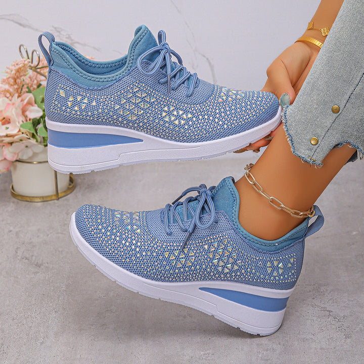Women’s Rhinestone Wedge Sneakers Lace Up Fashion Casual Shoes