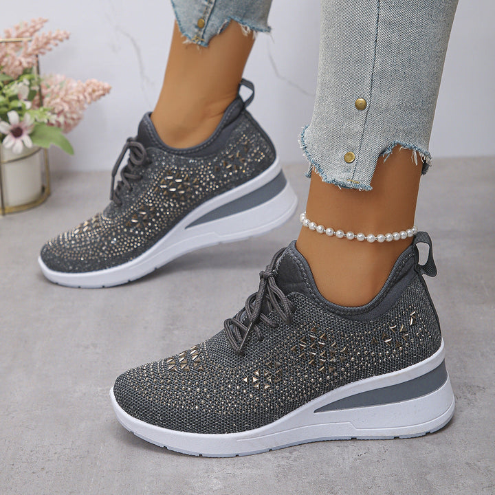 Women’s Rhinestone Wedge Sneakers Lace Up Fashion Casual Shoes