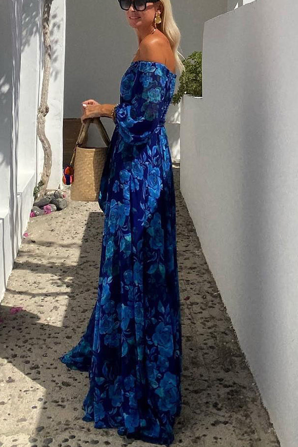 Luna | Long Floral Print Dress with Off-the-Shoulder Sleeves