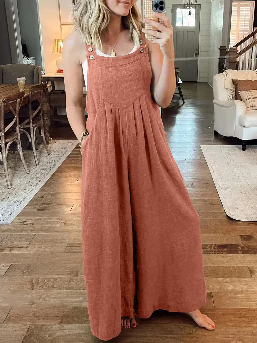Sleeveless Jumpsuit with Wide Legs and Pockets