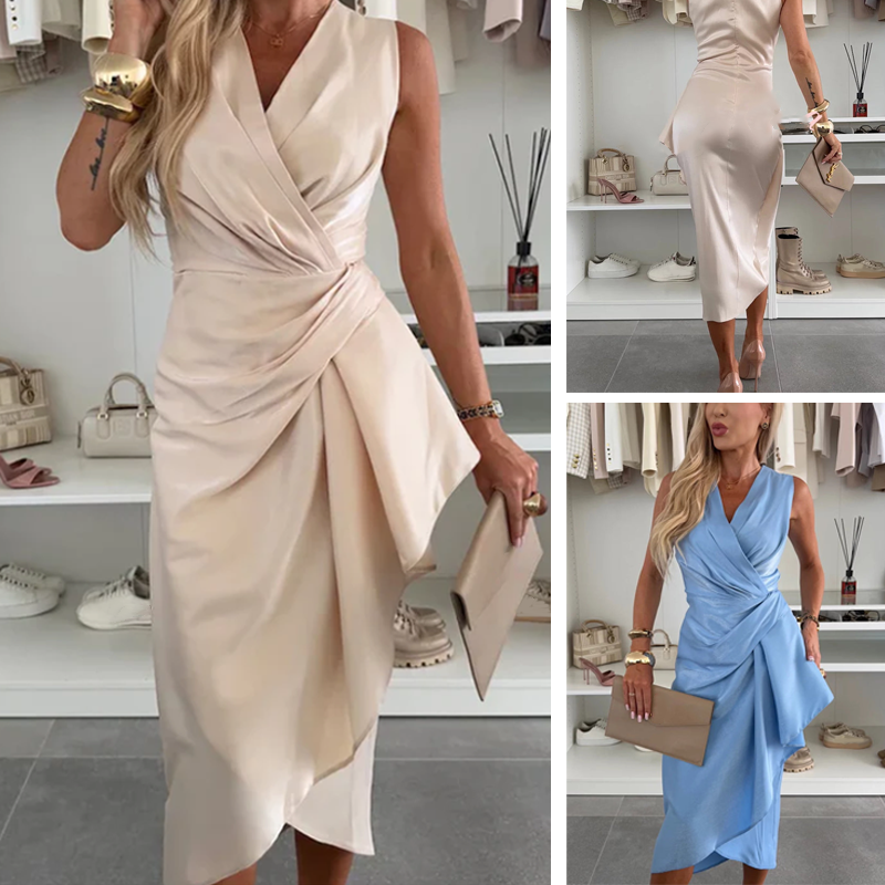 V-neck Satin Midi Dress with Gathered Neckline