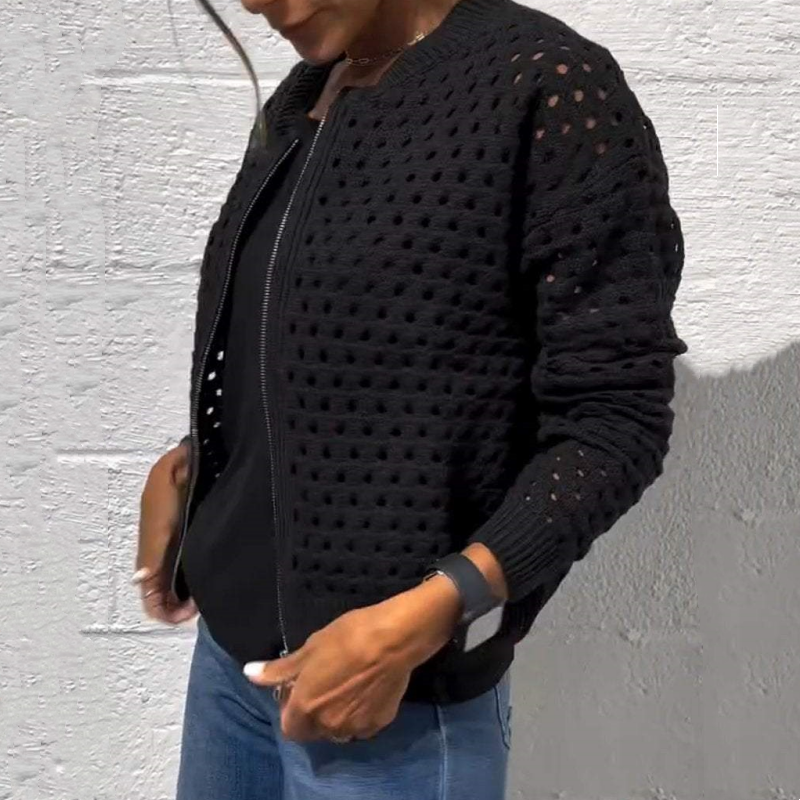 Women's Knitted Jacket with Zipper and Cutouts