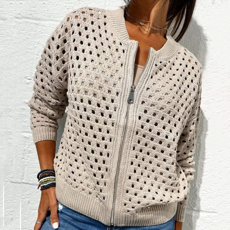 Women's Knitted Jacket with Zipper and Cutouts