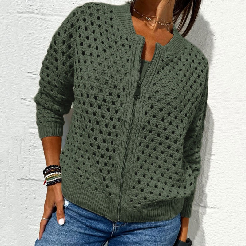 Women's Knitted Jacket with Zipper and Cutouts