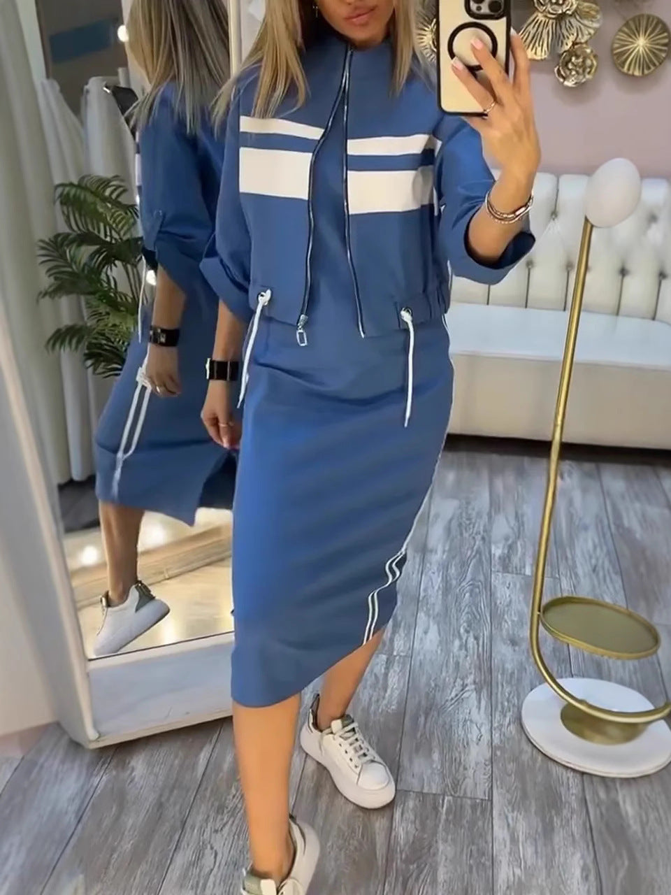 Women's Stand-up Collar Jacket and Dress Set