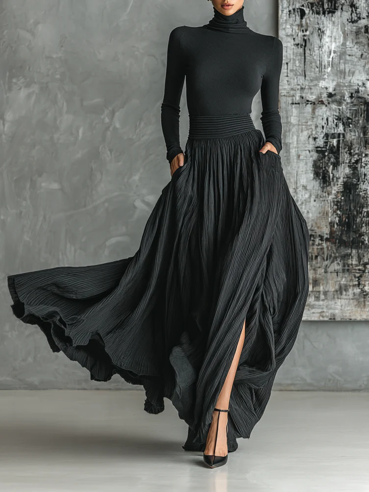 Cybele™ | Black Turtleneck & Pleated Skirt Set