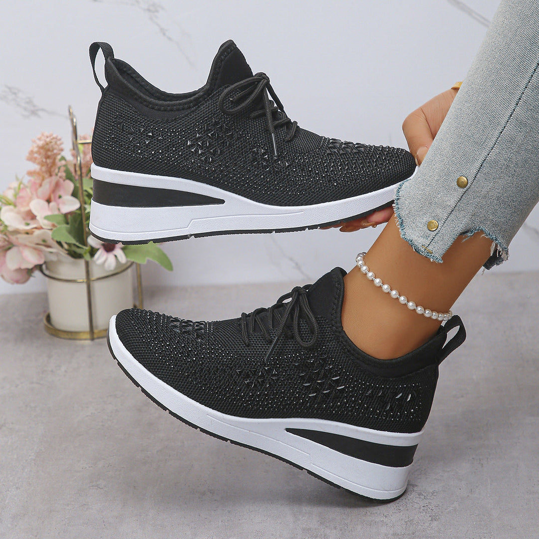 Women’s Rhinestone Wedge Sneakers Lace Up Fashion Casual Shoes