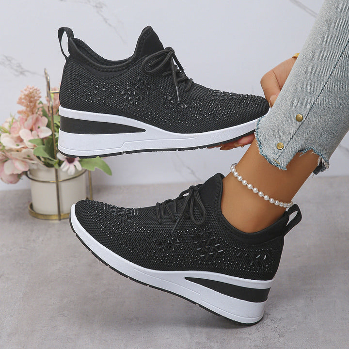 Women’s Rhinestone Wedge Sneakers Lace Up Fashion Casual Shoes