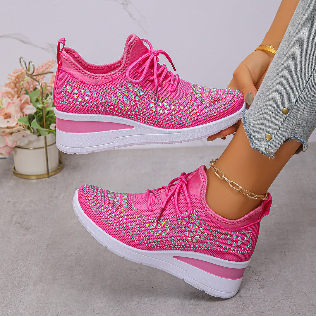 Women’s Rhinestone Wedge Sneakers Lace Up Fashion Casual Shoes