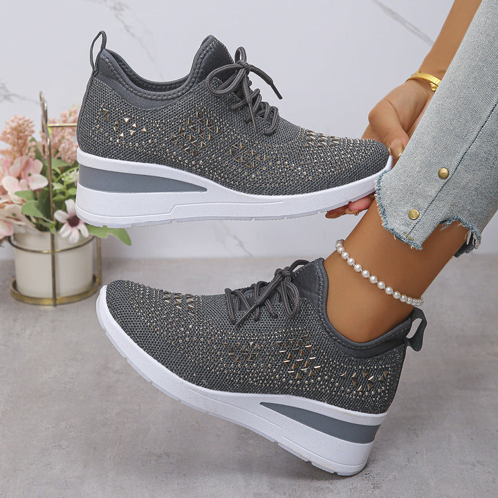 Women’s Rhinestone Wedge Sneakers Lace Up Fashion Casual Shoes