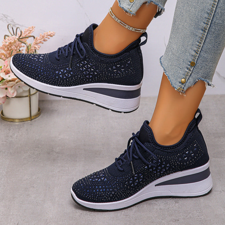 Women’s Rhinestone Wedge Sneakers Lace Up Fashion Casual Shoes