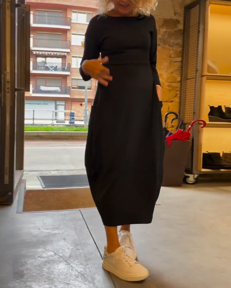 Tavina™ | Elegant Round Neck Pocket Dress