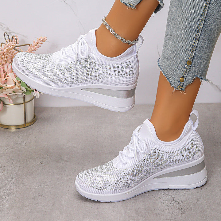 Women’s Rhinestone Wedge Sneakers Lace Up Fashion Casual Shoes