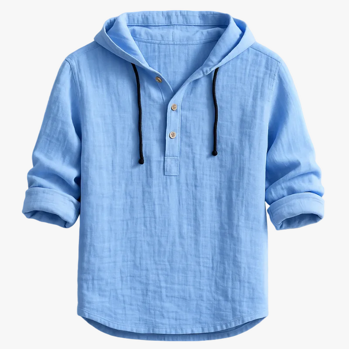 Men's Linen Hooded Shirt with Button Placket and Drawcords
