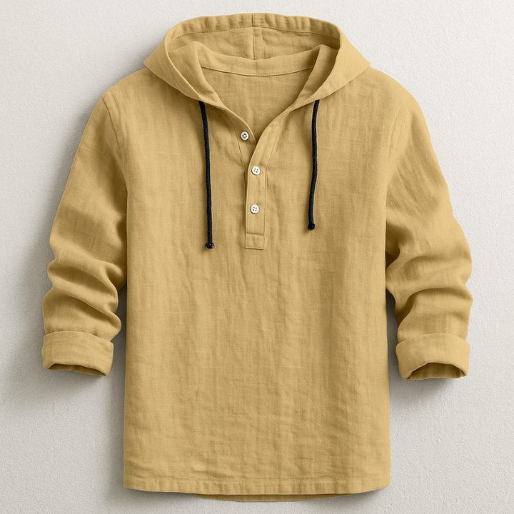 Men's Linen Hooded Shirt with Button Placket and Drawcords
