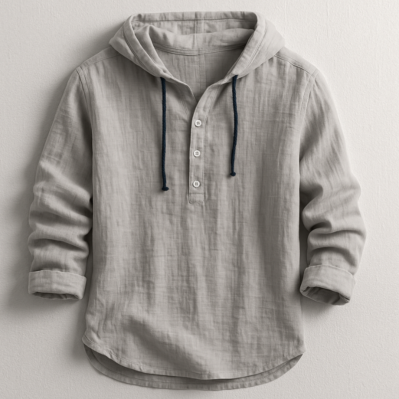 Men's Linen Hooded Shirt with Button Placket and Drawcords