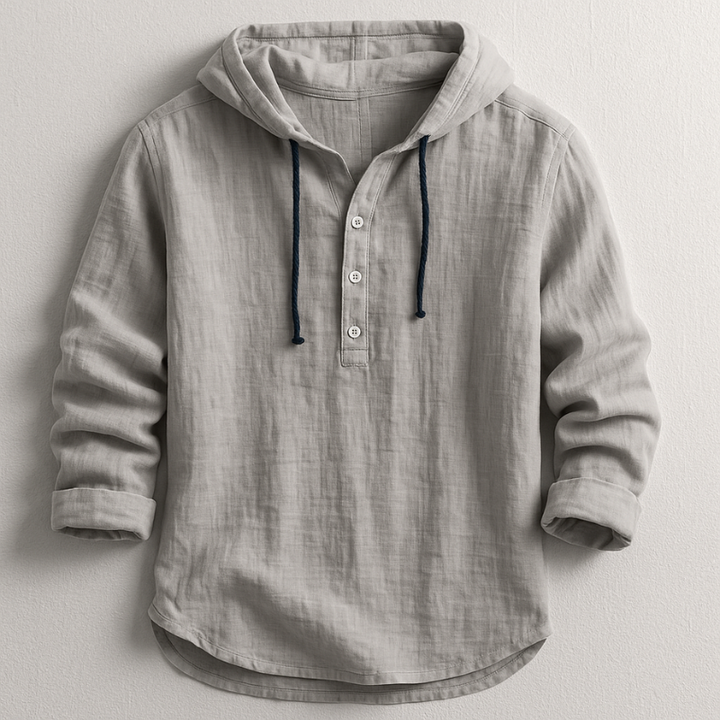 Men's Linen Hooded Shirt with Button Placket and Drawcords