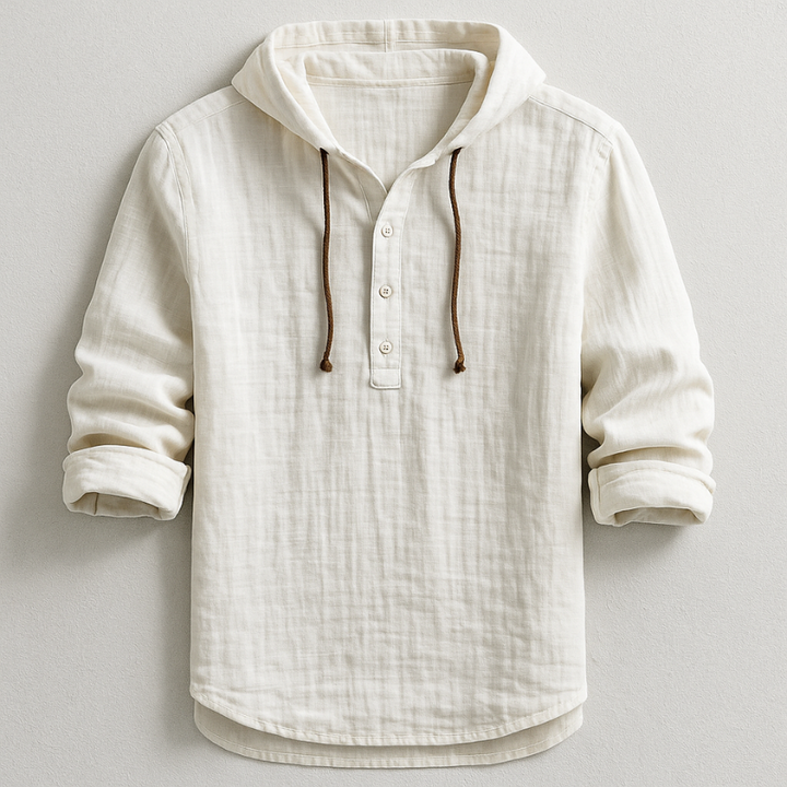 Men's Linen Hooded Shirt with Button Placket and Drawcords
