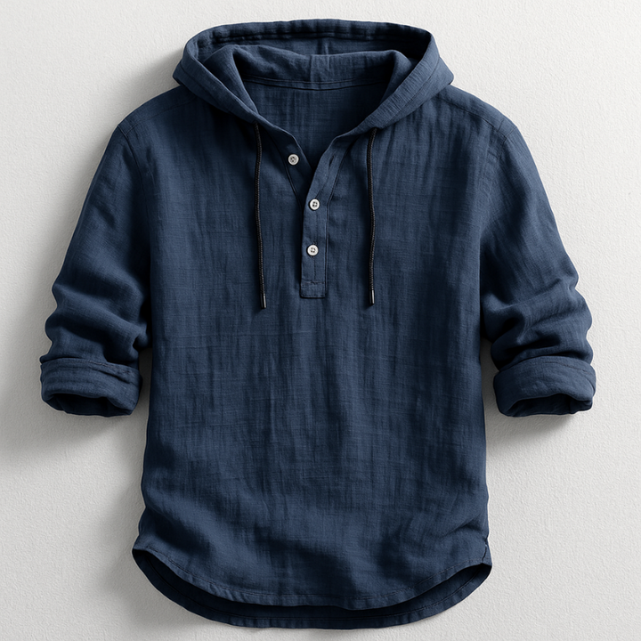 Men's Linen Hooded Shirt with Button Placket and Drawcords
