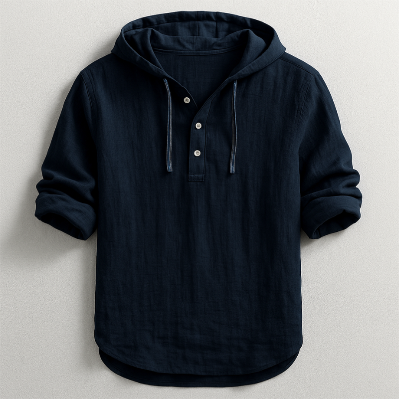 Men's Linen Hooded Shirt with Button Placket and Drawcords