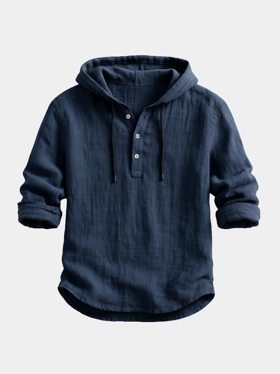 Men's Linen Hooded Shirt with Button Placket and Drawcords